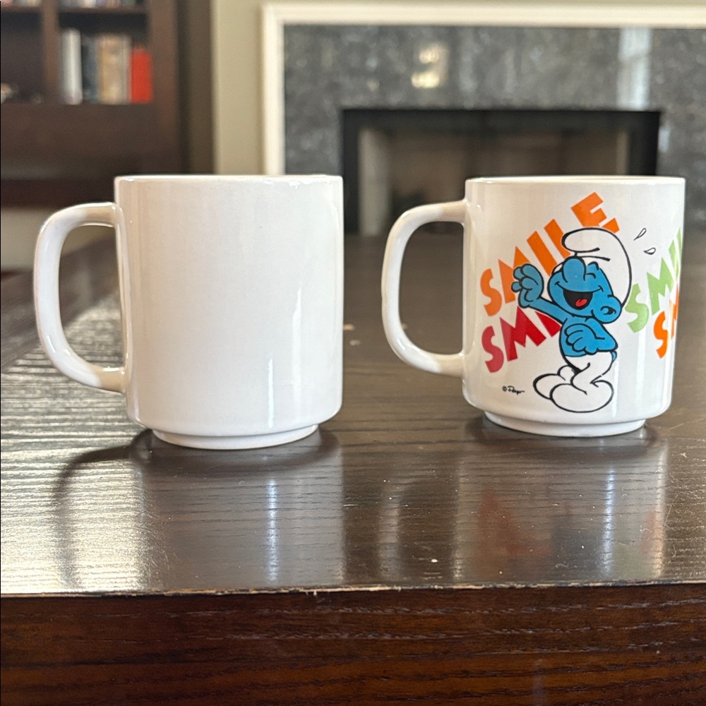 Set of 2 Vintage 1980s Smurfs White Ceramic Coffee Cup Mugs - Picture 3 of 6